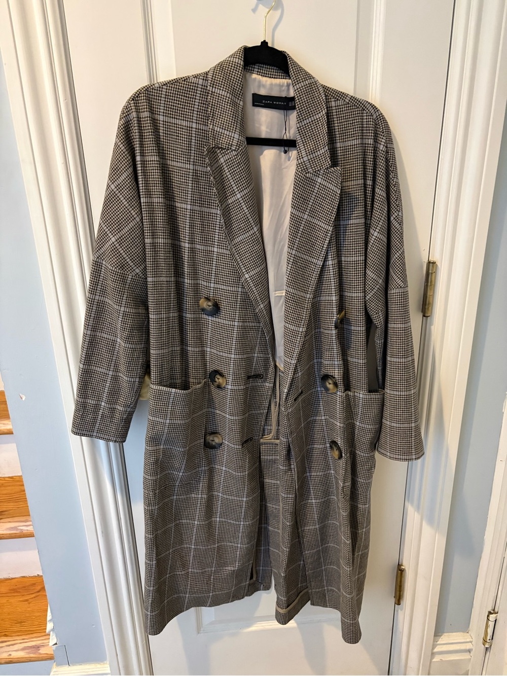 Zara Black and White Plaid Double-Breasted Blazer Coat